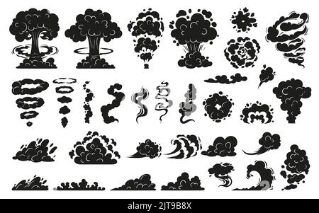 Smoke and clouds vector Silhouette illustrations set. Sketched flames symbols. Cartoon silhouettes. Smog smell collection, puff smoke, explosion elements. Steaming cloud flows. Stock Vector