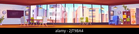 Modern open plan office, cartoon interior. Panoramic view of large workspace with glass wall, comfortable furniture for creativity. Urban cityscape with skyscrapers seen through window. Vector design Stock Vector