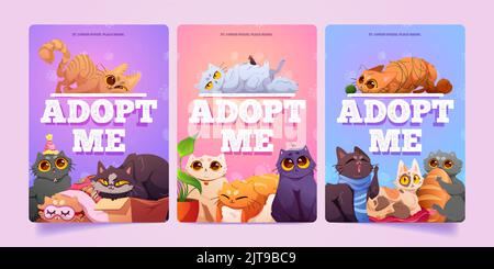 Adopt me posters with cute homeless cats in pet shelter. Funny fluffy kittens lying on pillow, sitting in cardboard box, entangled in yarn, vector cartoon illustrations for animal adoption banners Stock Vector