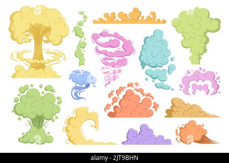 Colorful smoke clouds, cloud puffs. Colorful steaming cloud flows, pastel colors clouds vector illustrations set. Dust clouds collection..pink, blue, yellow and green dust stream clouds. Stock Vector