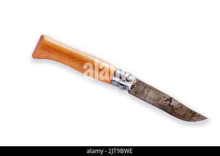 Pocket Knife with wooden handle and security ring, isolated on white background Stock Photo