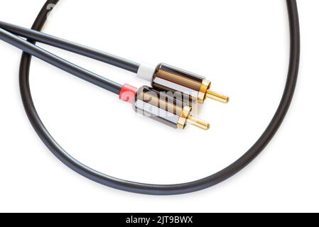 Gold-plated audio cable RCA to Jack 3.5 mm, isolated on white background Stock Photo