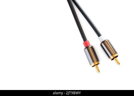 Gold-plated audio cable RCA to Jack 3.5 mm, isolated on white background Stock Photo