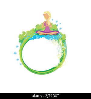 blonde girll meditates - abstract frame card Stock Vector
