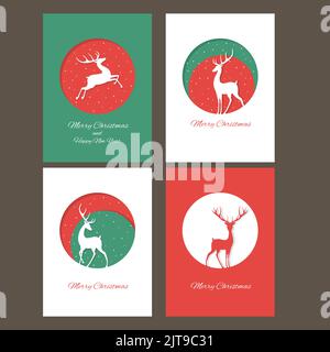 Set of Christmas vertical gift tag, card, badge, sticker in retro style with silhouette of wild deer. Vector vertical template xmas card for greeting, Stock Vector