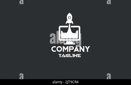 minimal rocket computer logo template Stock Vector