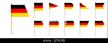 German toothpick flag isolated on wood stick with white paper. Realistic little tooth pick for lunch. Vector cocktail decoration Stock Vector