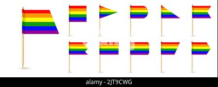 LGBT rainbow toothpick flag isolated on wood stick with white paper. Realistic little tooth pick for lunch. Vector cocktail decoration Stock Vector
