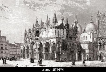 The Patriarchal Cathedral Basilica of Saint Mark aka St Mark's Basilica, Venice, Italy, seen here in the 19th century.  Built c. 829–c. 836, it was rebuilt c. 1063–1094 and contains Byzantine, Romanesque, and Gothic styles of architecture.  From Les Plus Belles Eglises du Monde, published 1861. Stock Photo