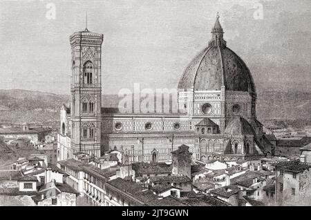 Florence Cathedral, formally the Cattedrale di Santa Maria del Fiore, Florence, Tuscany, Italy, seen here in the 19th century. Building of the Cathedral began in 1296 and was completed in 1436 in the Gothic style to a design of Arnolfo di Cambio, the dome was engineered by Filippo Brunelleschi.  From Les Plus Belles Eglises du Monde, published 1861. Stock Photo