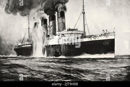 An artist's impression of R.M.S. Lusitania,  passenger liner as a second torpedo hits behind a gaping hole in the hull. During a trans-Atlantic crossing on 7 May 1915, bound for Liverpool from New York she was just 11 miles (18 km) off off Kinsale Head, Ireland, when she was sunk  by a German U-boat. Of the 1,962 passengers and crew aboard Lusitania at the time of the sinking, 1,198 lost their lives. Stock Photo