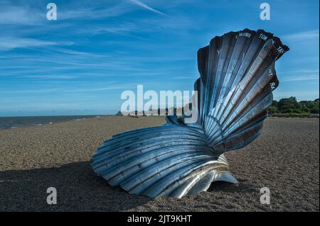 The scallop a sculpture in metal by the artist Maggi Hambling. Situated on the pebble beach at Aldeburgh, Suffolk. Stock Photo