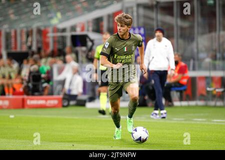 Milan, Italy. 27th Aug, 2022. Italy, Milan, aug 27 2022: Charles De Ketelaere (ac Milan midfielder) runs up the field in the first half during soccer game AC MILAN vs BOLOGNA, Serie A 2022-2023 day3 San Siro stadium (Photo by Fabrizio Andrea Bertani/Pacific Press/Sipa USA) Credit: Sipa USA/Alamy Live News Stock Photo