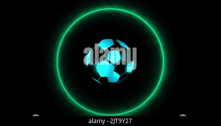Image of digital football over neon circles on black background Stock Photo