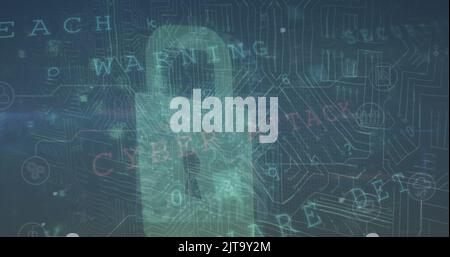 Image of data processing and padlock on blue background Stock Photo