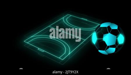 Image of digital football over neon stadium on black background Stock Photo