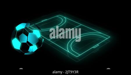 Image of digital football over neon stadium on black background Stock Photo