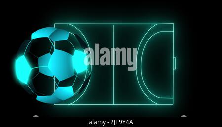 Image of digital football over neon stadium on black background Stock Photo