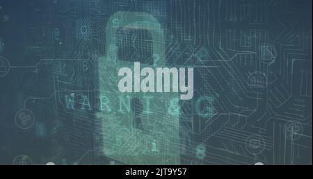 Image of data processing and padlock on blue background Stock Photo