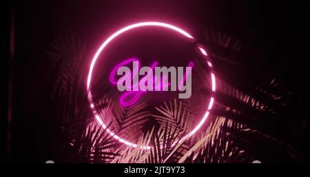 Image of yes text and ring in pink neon, over palm leaves on black background Stock Photo