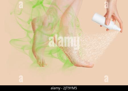 Female feet with a smell coming from them, shown in profile, on which the medicine is sprayed. Beige background. Close up. The concept of the treatmen Stock Photo