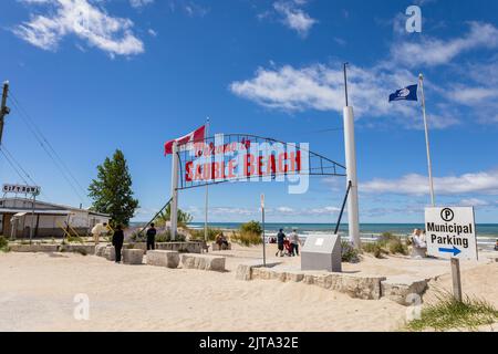 Welcome To Sauble Beach Sign At The Entrance To The Beach On Lake Huron Ontario Canada Stock Photo