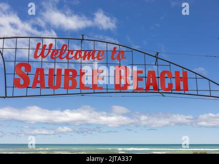 Welcome To Sauble Beach Sign At The Entrance To The Beach On Lake Huron Ontario Canada Stock Photo