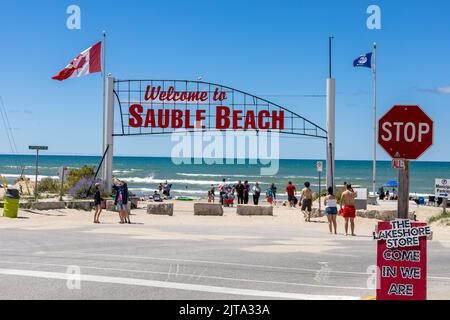 Welcome To Sauble Beach Sign At The Entrance To The Beach On Lake Huron Ontario Canada Stock Photo