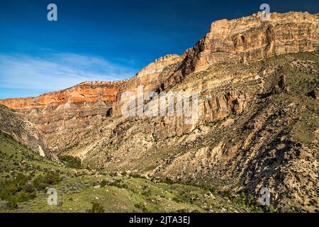 Cliffs over Shell Canyon, Bighorn Scenic Byway (Highway US-14), near Post Creek picnic area, early morning, Bighorn Mountains, Wyoming, USA Stock Photo