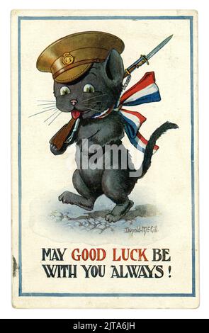 Original WW1 era good luck postcard of a black cat, symbol of good luck, with a French national flag tied in a bow around his neck, wearing a military cap and holding a rifle. The caption is 'may good luck be with you always'. It was produced for British soldiers being sent to the Front, French Flag, dated / posted from Bousley Camp, Aldershot, 30 June 1916. Stock Photo