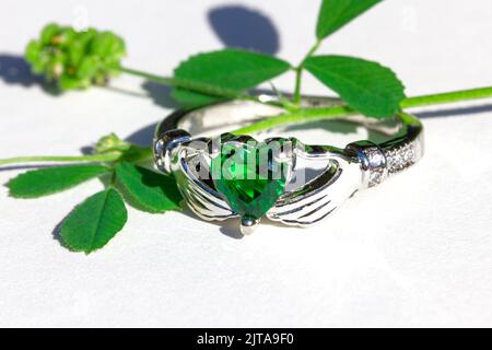 Irish Designed Emerald And Diamond Claddagh Engagement Ring. Total Emerald  Carat 0.55
