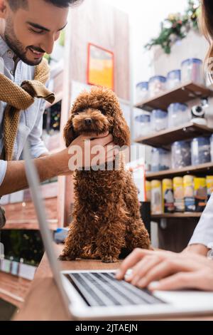 Smiling muslim man petting poodle near veterinarian using laptop in pet shop Stock Photo