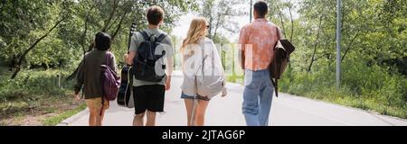 back view of multiethnic friends with guitar and backpacks walking on road along forest, banner Stock Photo
