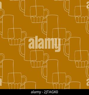 Seamless pattern with illustration mugs of beer in line art on brown background Stock Vector