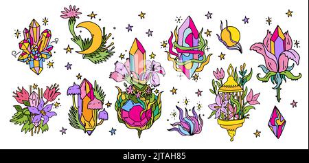 Set of magic crystals and flowers. Hand drawn vector illustration for tshirt, print, decor and design. Fantasy quartz qrystals gems with amazing flowe Stock Vector