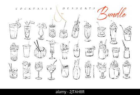 Hand drawn vector graphic textured artistic bar menu ink collection set sketch illustrations drawing bundle of alcohol and sweet desserts cocktails Stock Vector