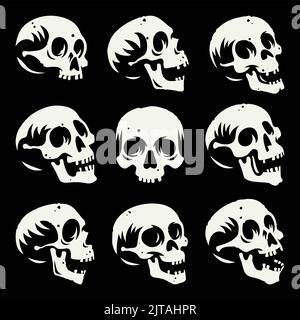 Set of illustrations of a human skull on black background Stock Vector