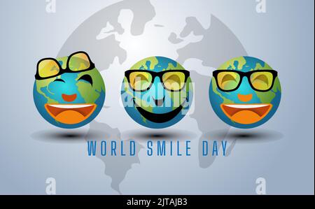 Smiling globe illustration, good for world smile day celebration, flat design, brochure design, poster, pamphlet, card, flat illustration. Stock Vector