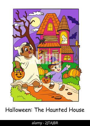 Children dressed up in Halloween costumes walk past a haunted house. Halloween concept for children. Vector colorful cartoon illustration. For print, Stock Vector