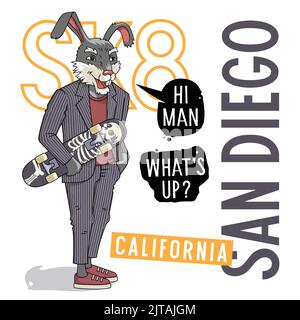 vector illustration of a rabbit in a classic suit holding a skateboard for kids t shirt design Stock Vector