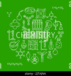 Chemistry round poster in line style. Banner with chemical symbols. Vector illustration. Stock Vector