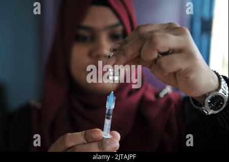 Sylhet, Mexico City, Bangladesh. 28th Aug, 2022. 28 August 2022, Sylhet, Bangladesh: A health worker prepares a Comirnaty dose during a vaccination program to children against increase infection of Covid-19 disease. (Credit Image: © Md Rafayat Haque Khan/eyepix via ZUMA Press Wire) Stock Photo