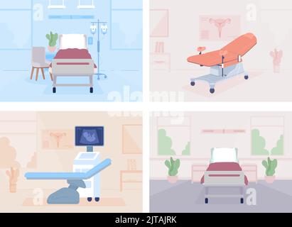 Hospital examining cabinets and wards flat color vector illustrations set Stock Vector