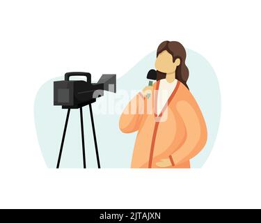 Vector illustration of a female correspondent recording a report on a video camera. Flat style Stock Vector