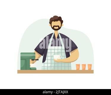 Vector illustration of a male barista with a cup of coffee at the bar. Flat style Stock Vector