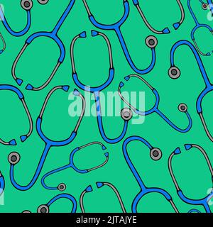 Stethoscope. Medical diagnostic device. Seamless vector pattern. Isolated green background. Repeating medical ornament. Doctor's tool. Cartoon style. Stock Vector