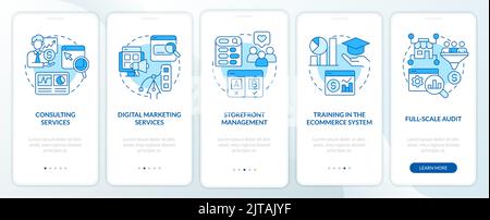 Online shop management services blue onboarding mobile app screen Stock Vector