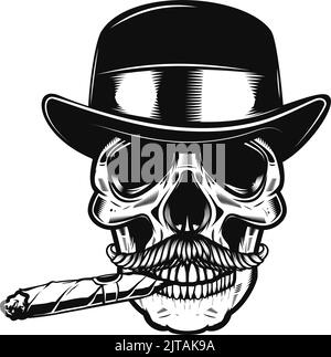 Skull in vintage hat and with cigar. Design element for poster, card, banner, sign. Vector illustration Stock Vector