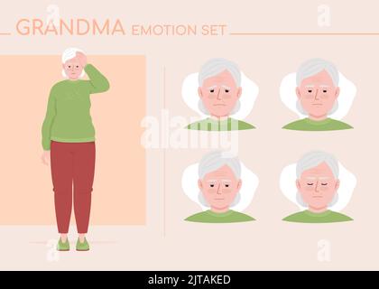 Concerned old woman semi flat color character emotions set Stock Vector