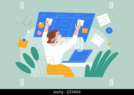 Young woman uses digital planner, creates pins, notes, tables and personal calendar, sits at her desk at home, uses note-taking app on her notebook Stock Vector
